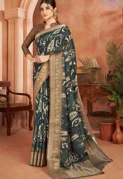 Digital Printed Crepe Silk Saree in Dark Green