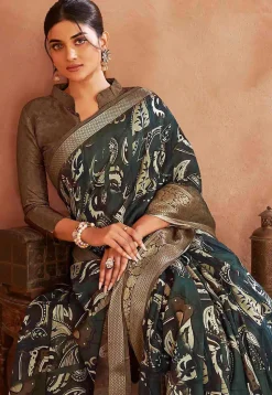 Digital Printed Crepe Silk Saree in Dark Green