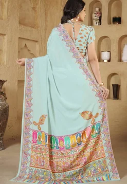 Digital Printed Crepe Silk Saree in Light Blue