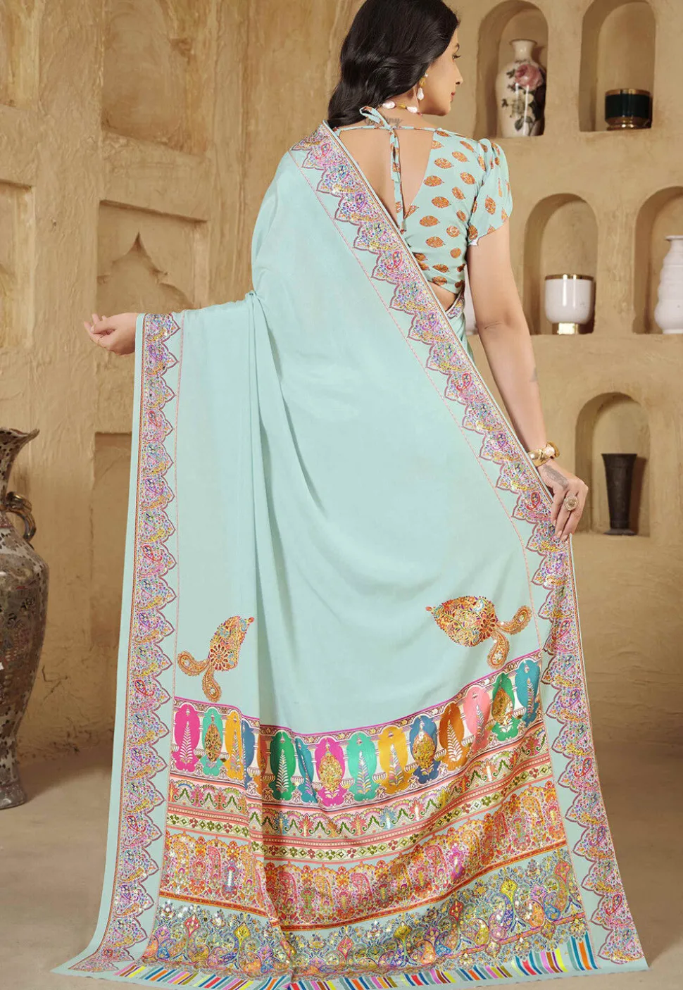 Digital Printed Crepe Silk Saree in Light Blue