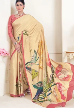 Digital Printed Crepe Silk Saree in Beige