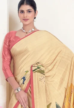 Digital Printed Crepe Silk Saree in Beige