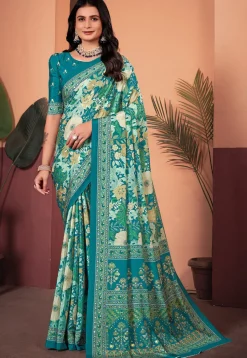 Digital Printed Crepe Silk Saree in Teal Green