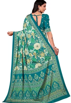 Digital Printed Crepe Silk Saree in Teal Green