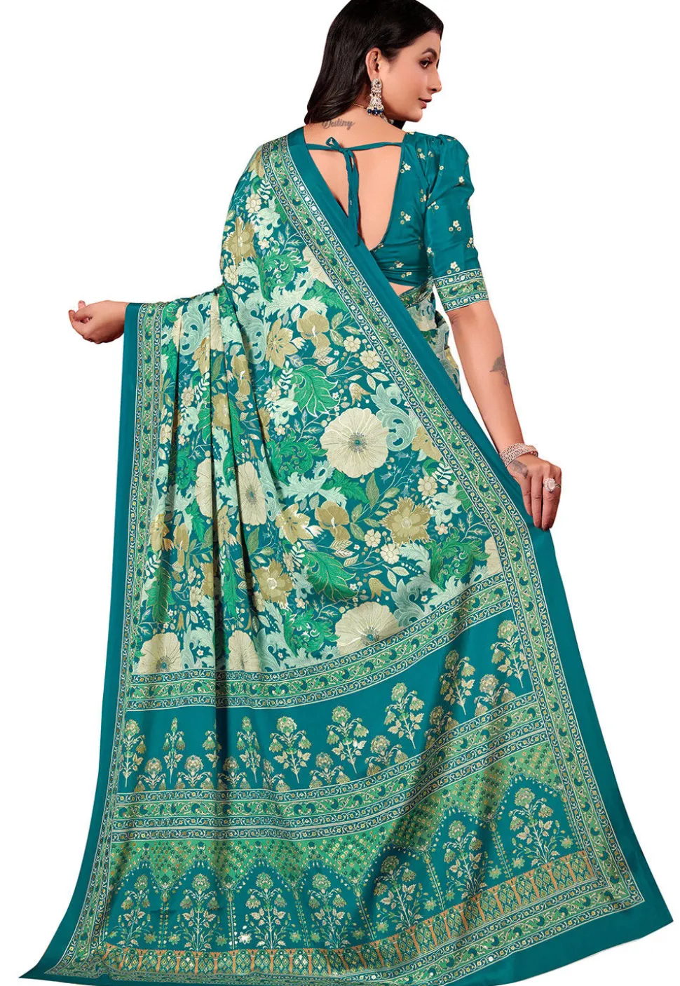 Digital Printed Crepe Silk Saree in Teal Green