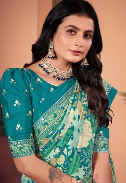Digital Printed Crepe Silk Saree in Teal Green