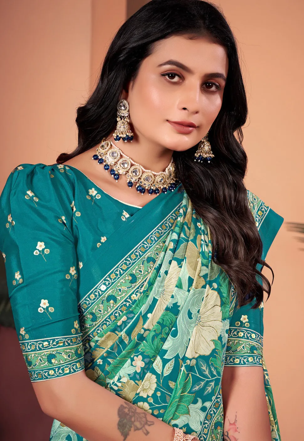 Digital Printed Crepe Silk Saree in Teal Green