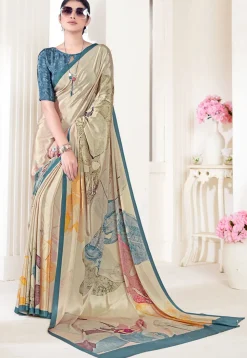 Digital Printed Crepe Silk Saree in Beige