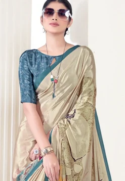 Digital Printed Crepe Silk Saree in Beige