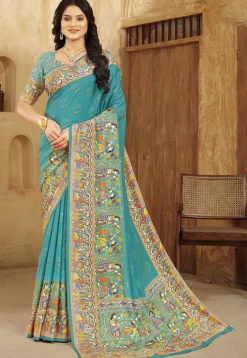 Digital Printed Crepe Silk Saree in Blue