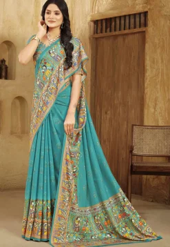 Digital Printed Crepe Silk Saree in Blue