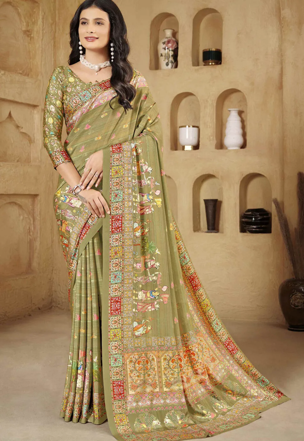 Digital Printed Crepe Silk Saree in Olive Green