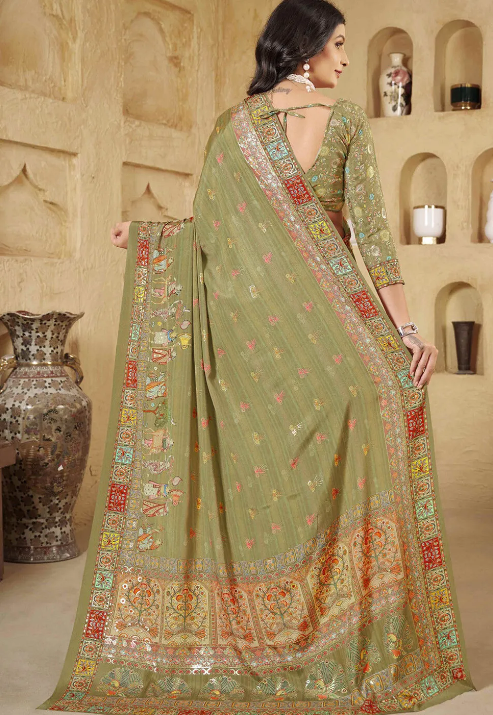 Digital Printed Crepe Silk Saree in Olive Green