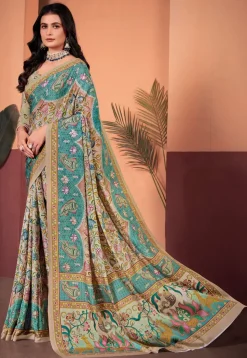 Digital Printed Crepe Silk Saree in Blue