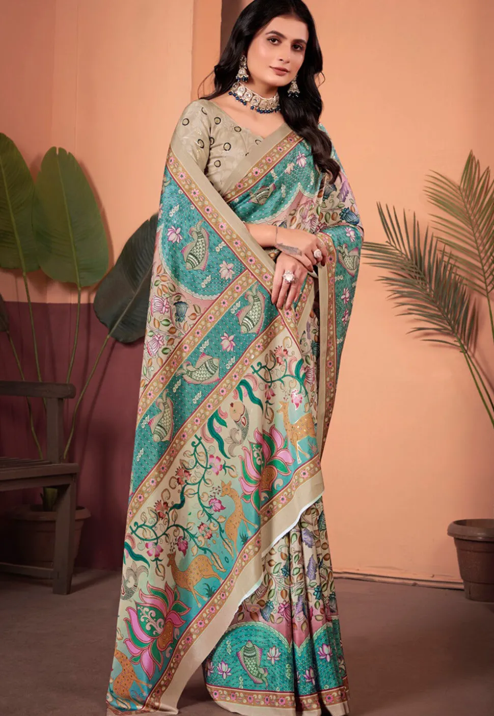 Digital Printed Crepe Silk Saree in Blue