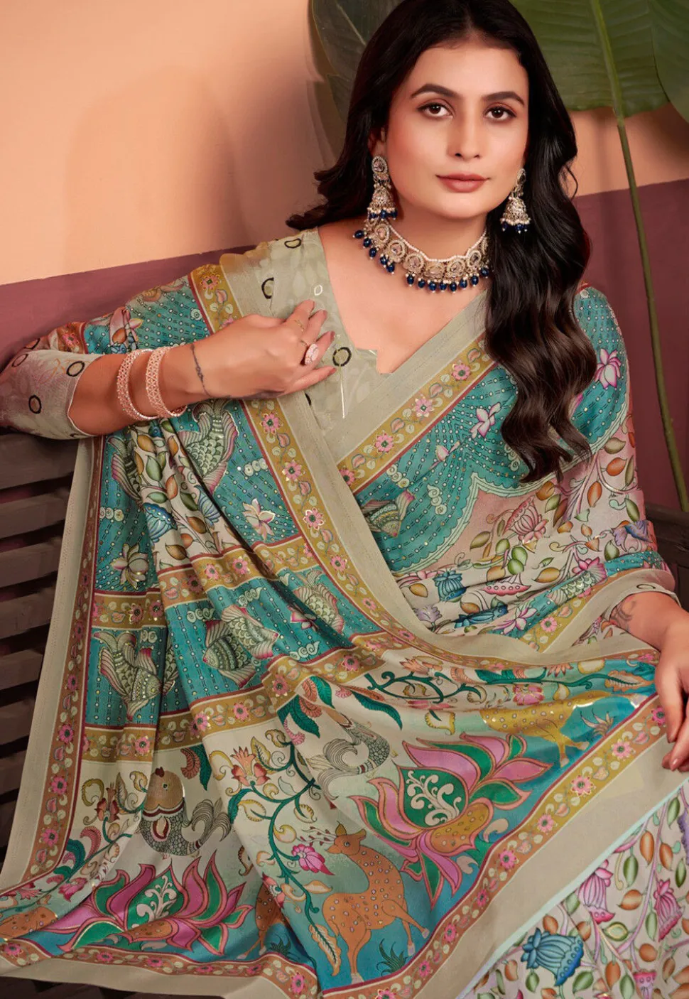Digital Printed Crepe Silk Saree in Blue