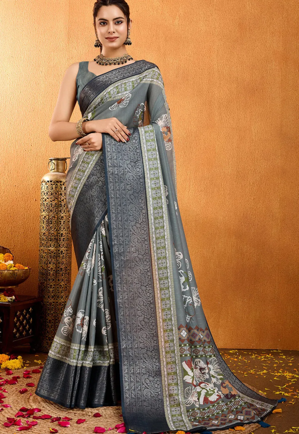 Digital Printed Crepe Silk Saree in Grey