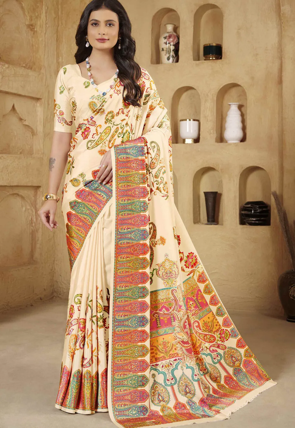 Digital Printed Crepe Silk Saree in Cream