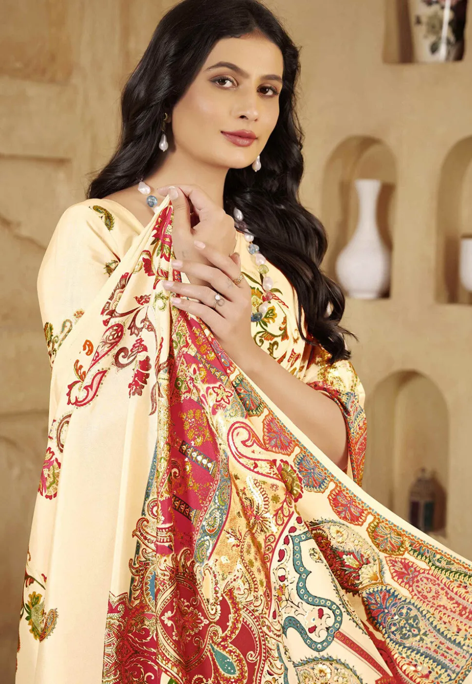 Digital Printed Crepe Silk Saree in Cream