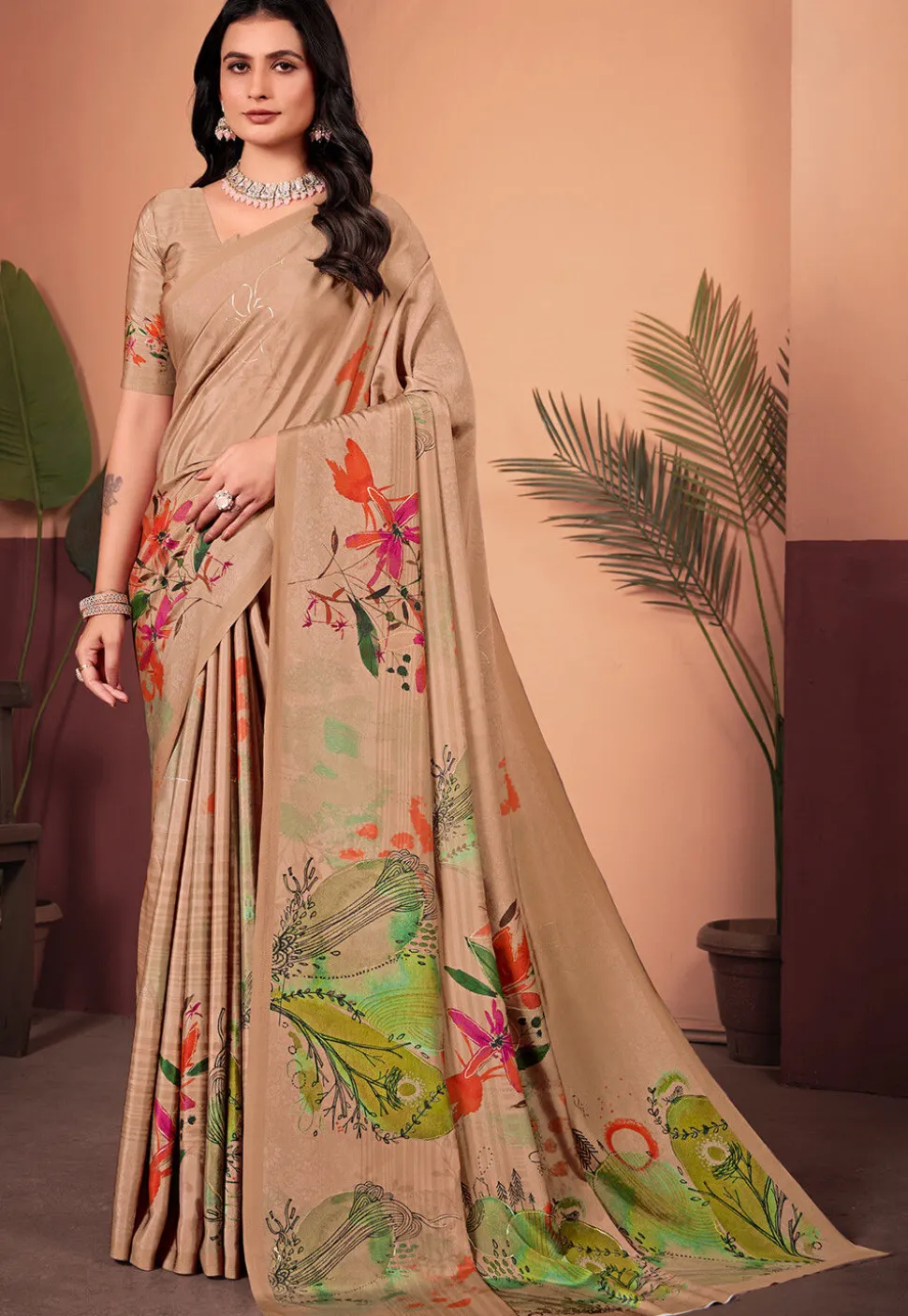 Digital Printed Crepe Silk Saree in Beige