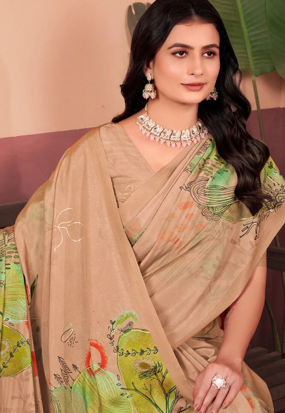 Digital Printed Crepe Silk Saree in Beige