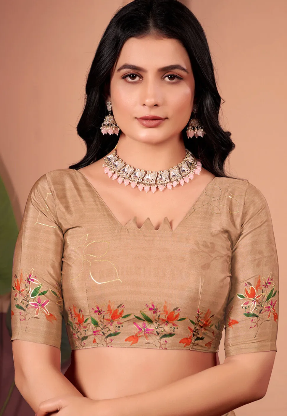 Digital Printed Crepe Silk Saree in Beige