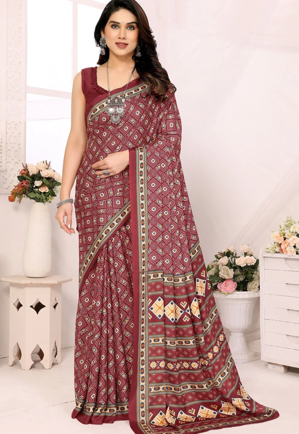 Digital Printed Crepe Silk Saree in Maroon