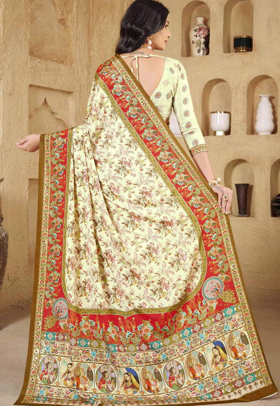 Digital Printed Crepe Silk Saree in Light Green