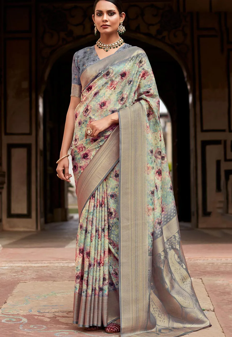 Digital Printed Crepe Silk Jacquard Saree in Sea Green