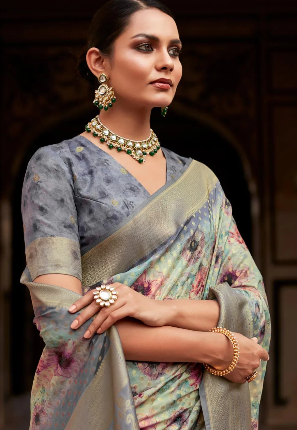 Digital Printed Crepe Silk Jacquard Saree in Sea Green