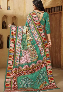 Digital Printed Crepe Silk Saree in Teal Green