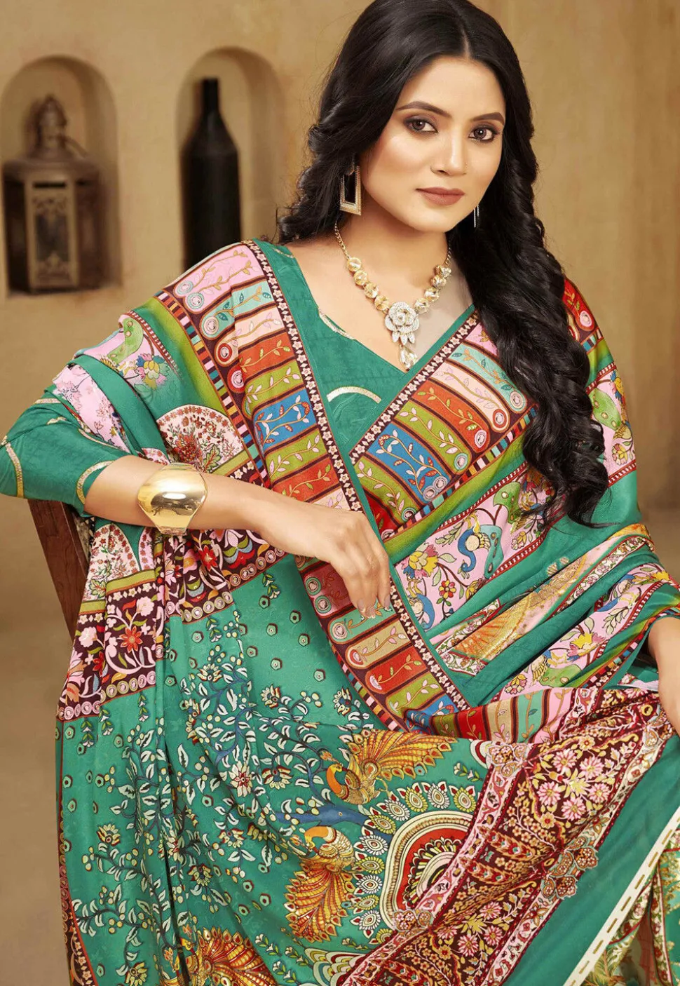 Digital Printed Crepe Silk Saree in Teal Green
