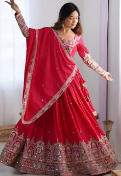 Digital Printed Crepe Silk Lehenga in Red