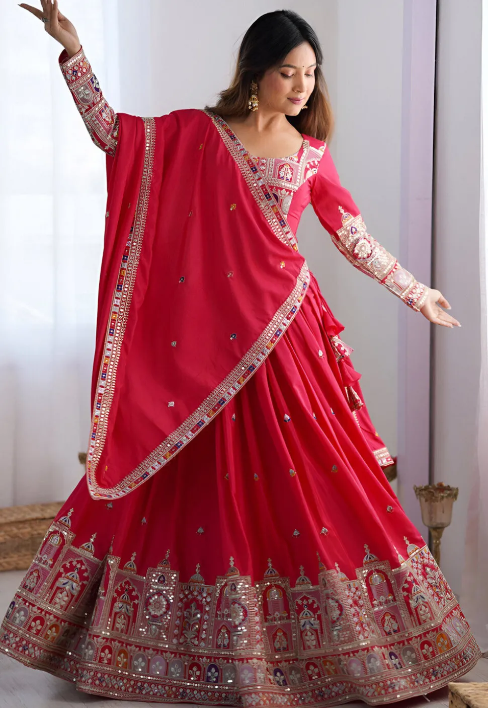 Digital Printed Crepe Silk Lehenga in Red