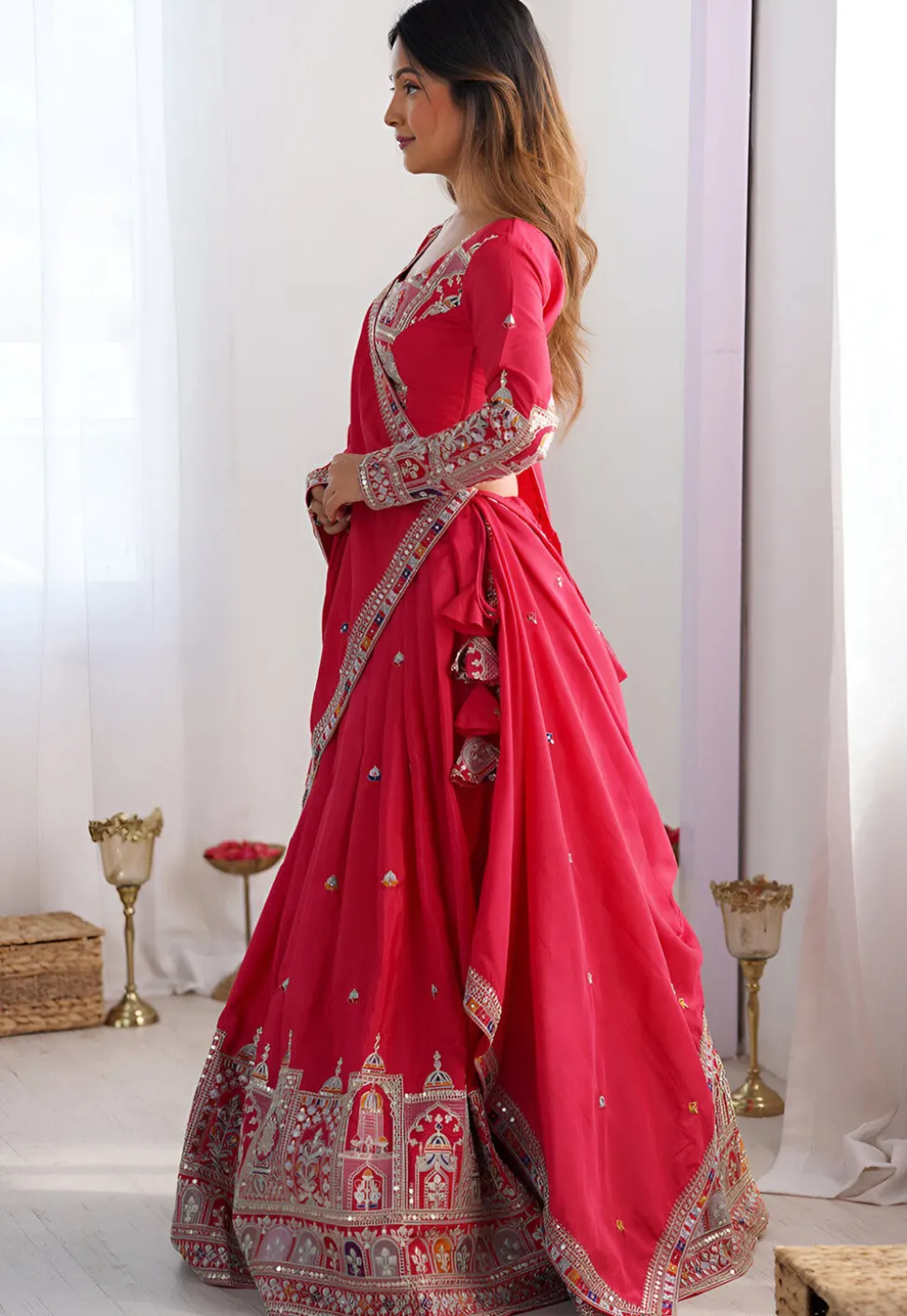Digital Printed Crepe Silk Lehenga in Red