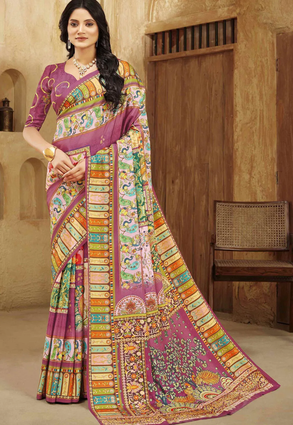 Digital Printed Crepe Silk Saree in Purple