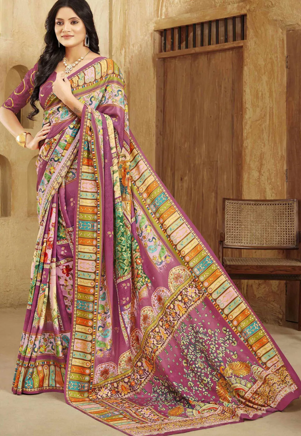 Digital Printed Crepe Silk Saree in Purple