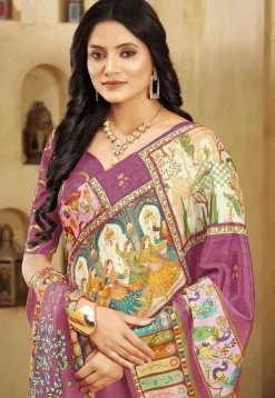 Digital Printed Crepe Silk Saree in Purple