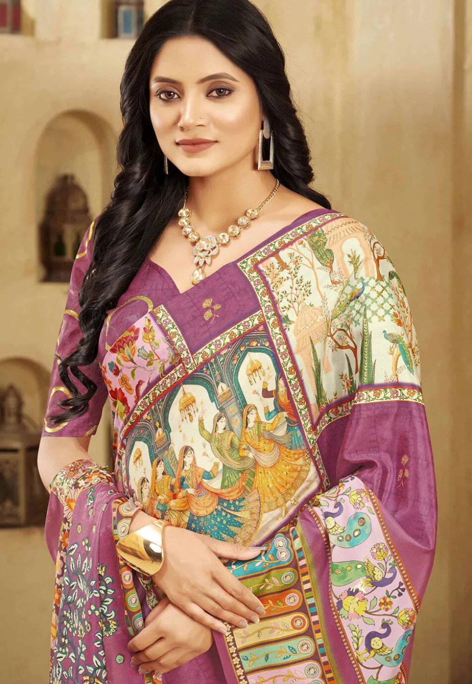 Digital Printed Crepe Silk Saree in Purple