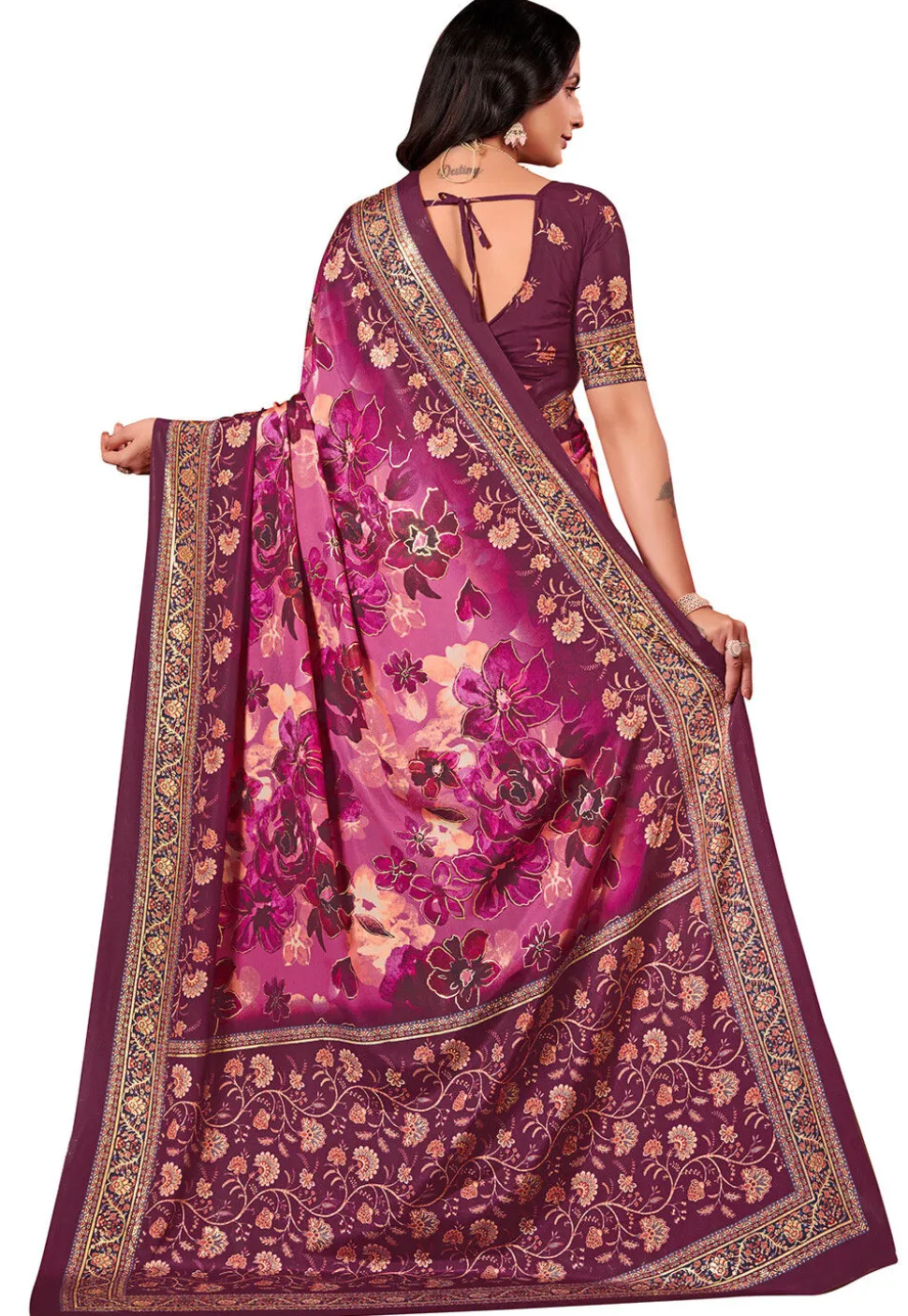 Digital Printed Crepe Silk Saree in Purple
