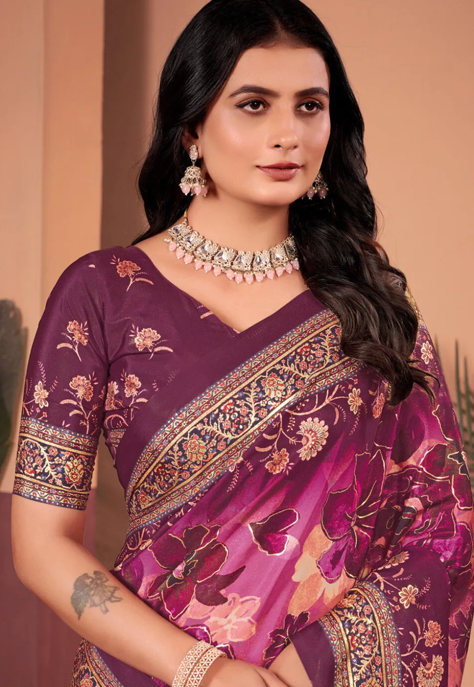 Digital Printed Crepe Silk Saree in Purple