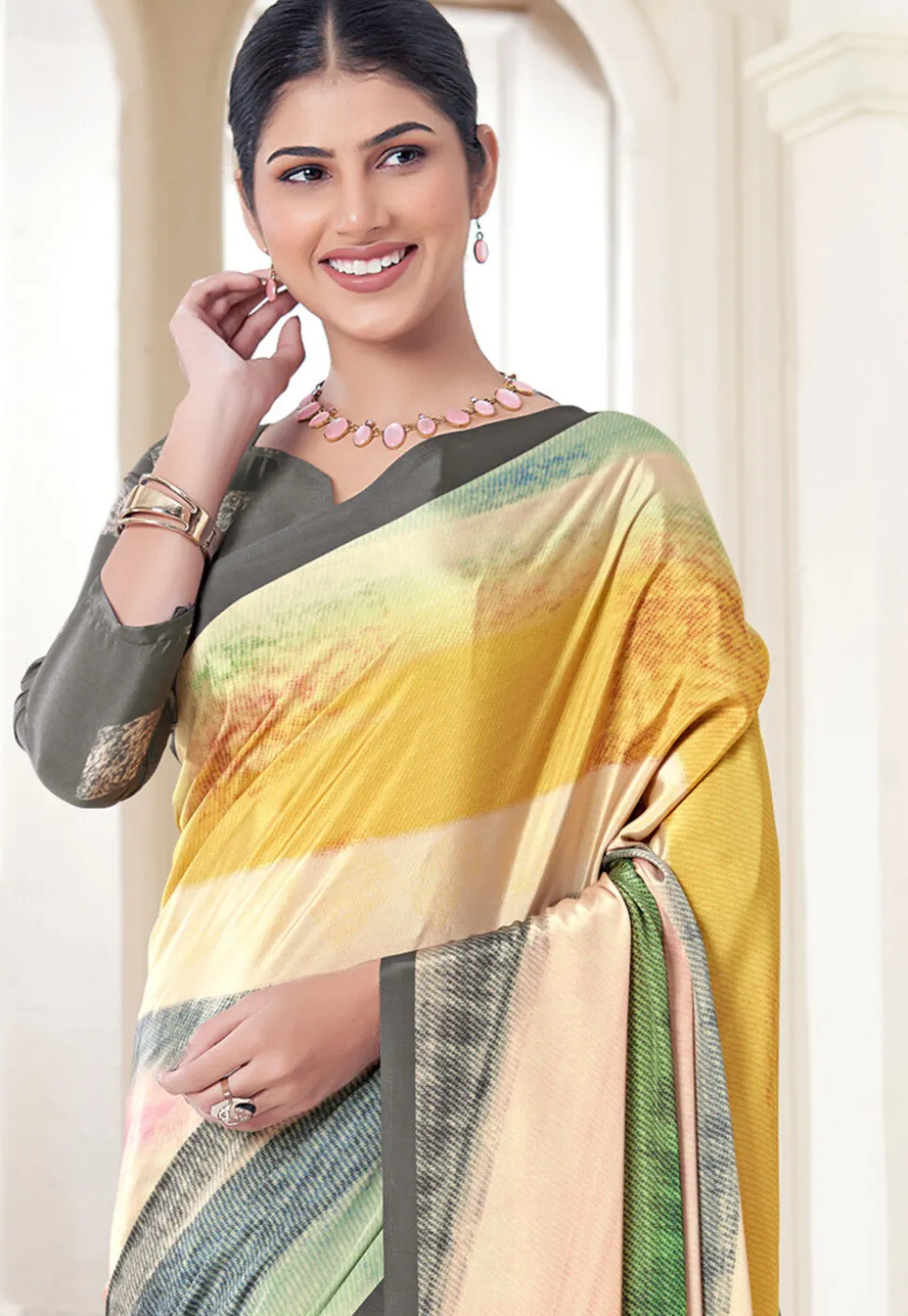 Digital Printed Crepe Silk Saree in Multicolor