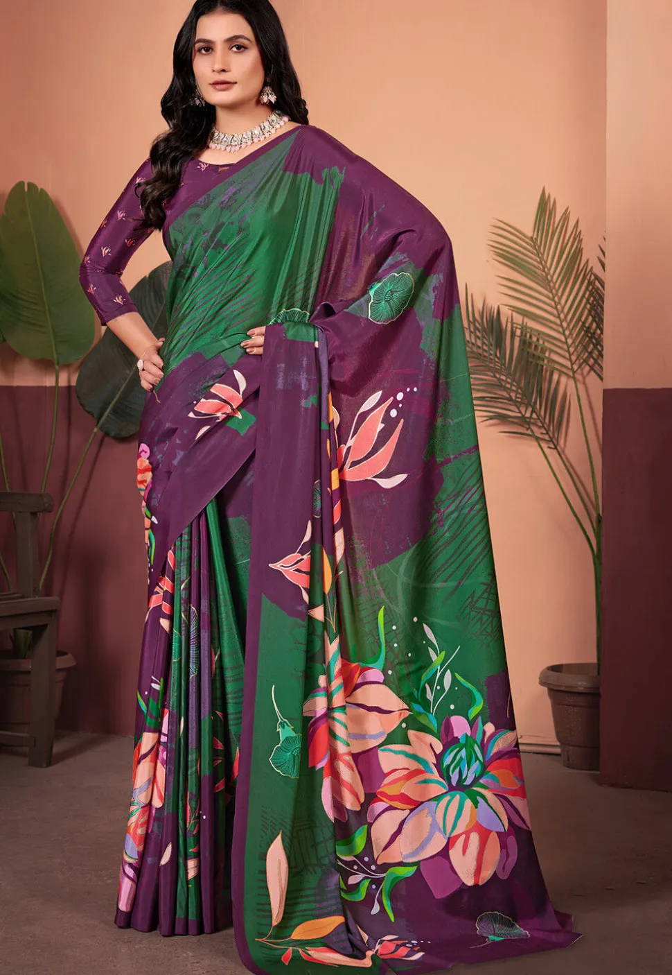 Digital Printed Crepe Silk Saree in Wine and Green