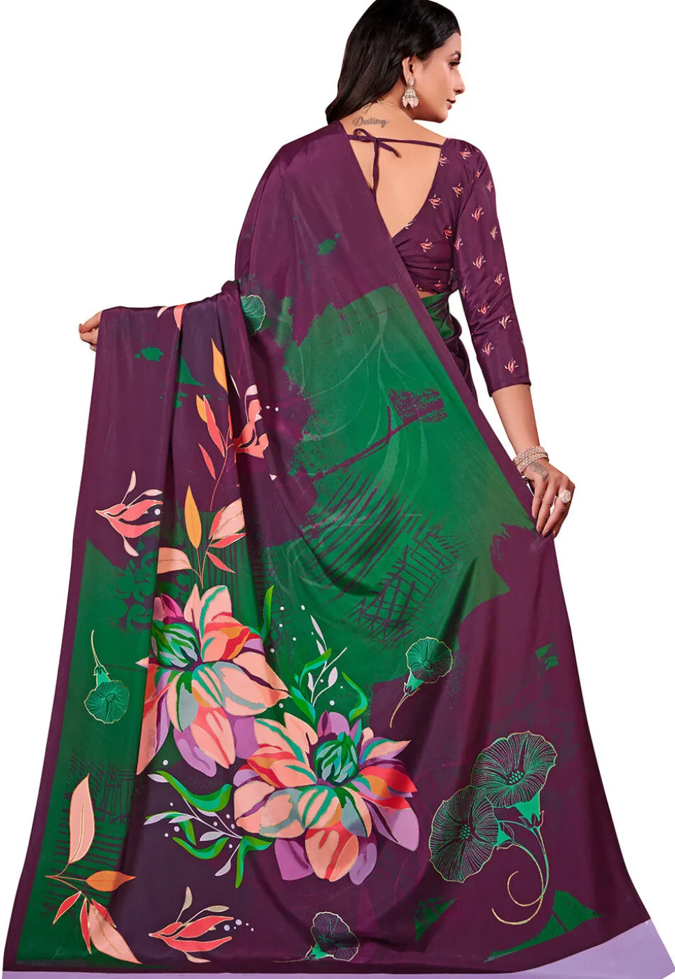 Digital Printed Crepe Silk Saree in Wine and Green