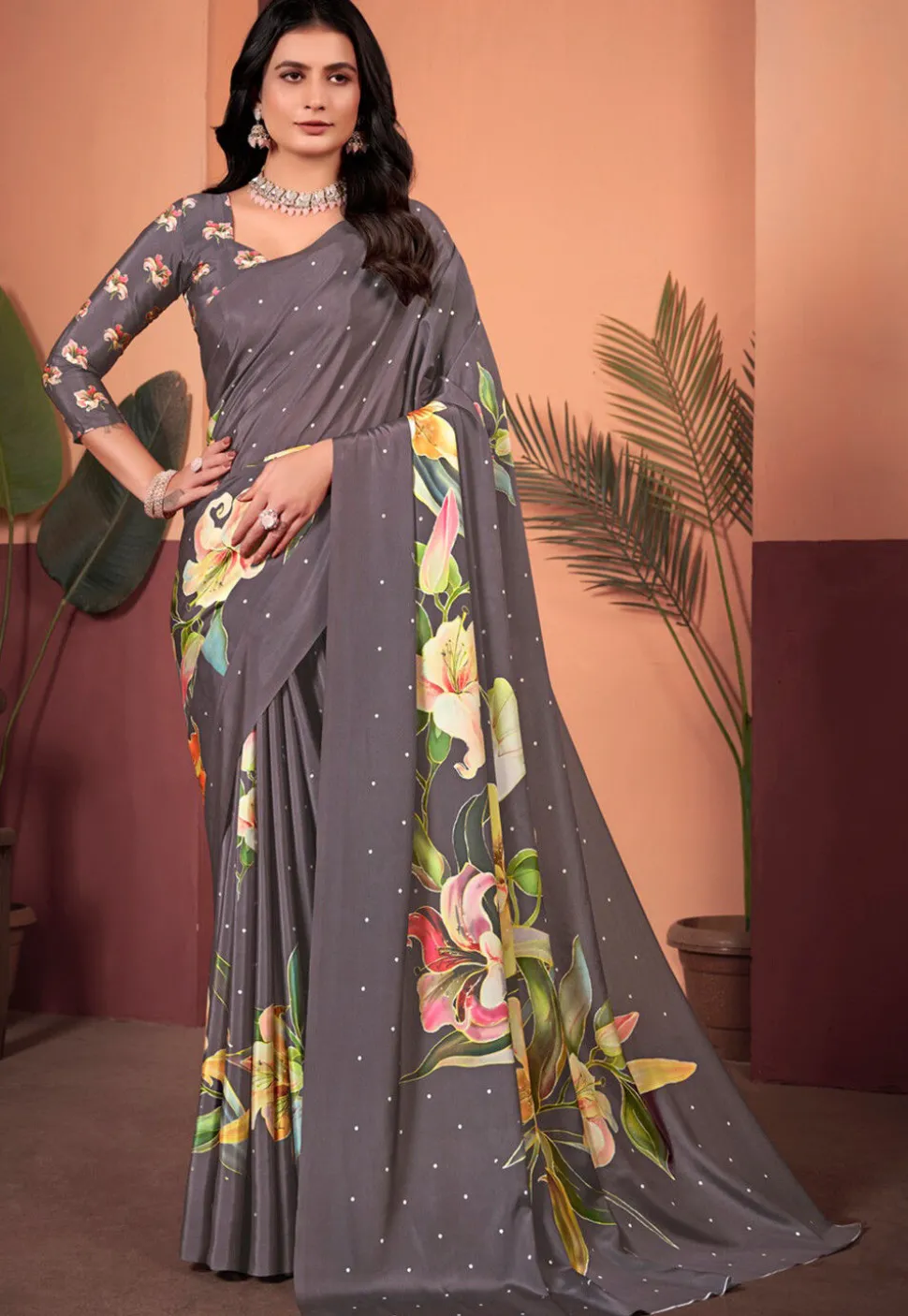 Digital Printed Crepe Silk Saree in Grey
