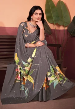 Digital Printed Crepe Silk Saree in Grey