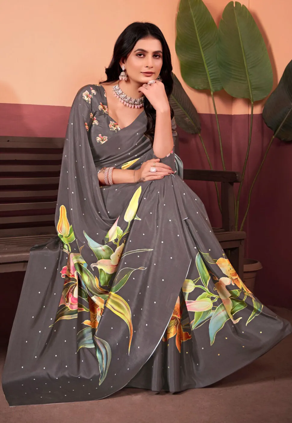 Digital Printed Crepe Silk Saree in Grey