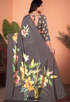 Digital Printed Crepe Silk Saree in Grey