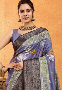 Digital Printed Crepe Silk Saree in Indigo Blue