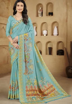 Digital Printed Crepe Silk Saree in Blue